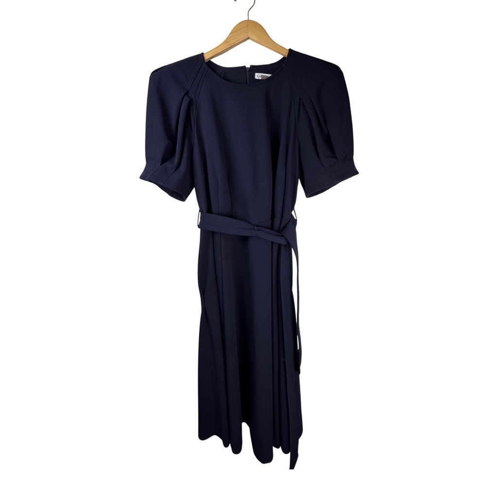Calvin Klein Navy Puff Sleeve Belt Tie Waist Midi Dress Size 14W Altered Hem - Picture 4 of 10